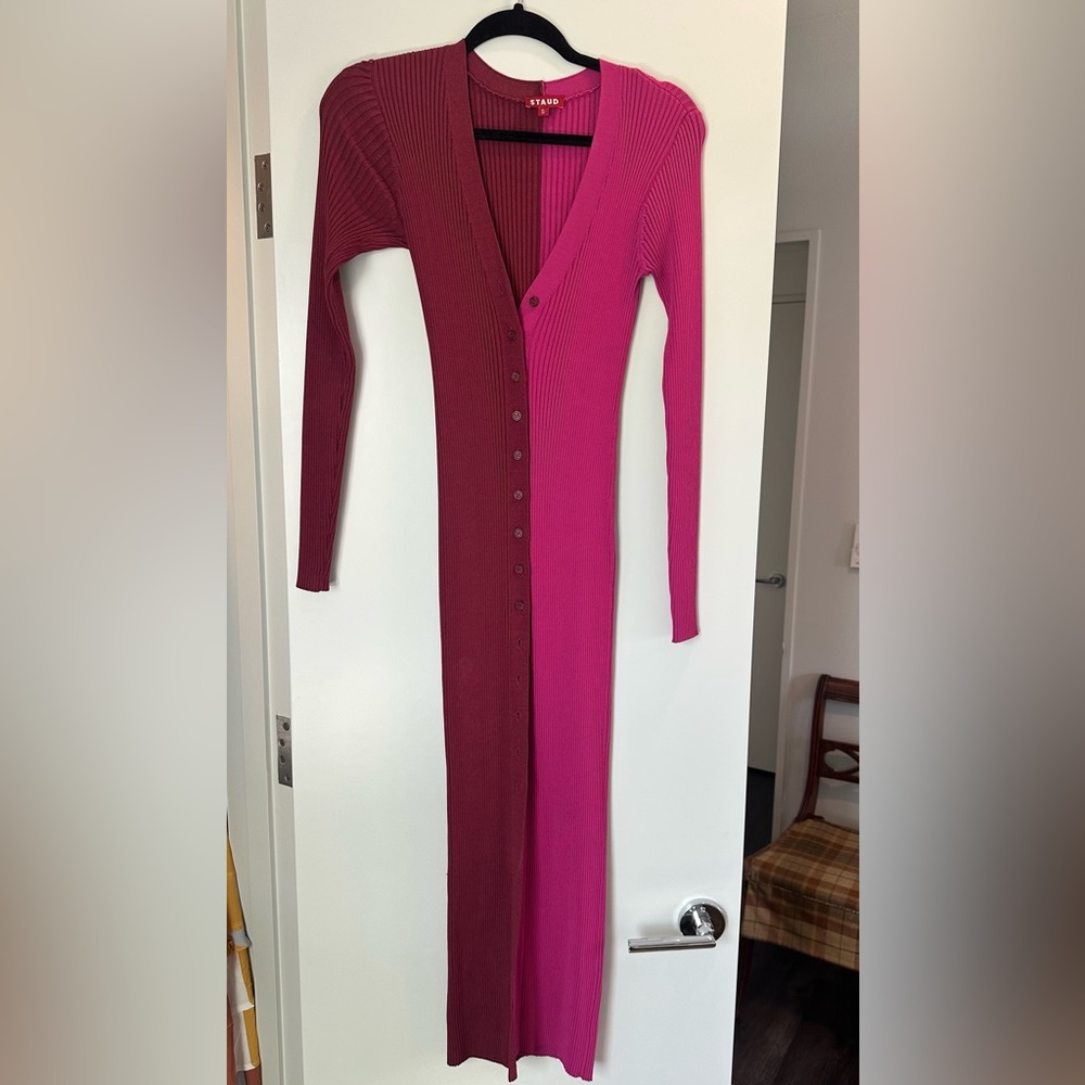 STAUD Pink and Red Ribbed Knit Dress
